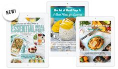 three ipads displaying the new ebook, the art of meal prep 2 and the essential meal prep for success