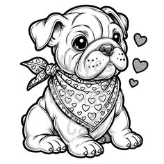 a dog with hearts on it's collar and bandanna around its neck, sitting down