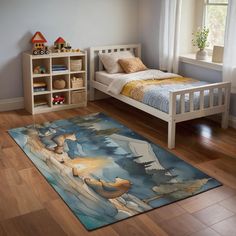 a child's room with a bed, bookcases and toys on the floor