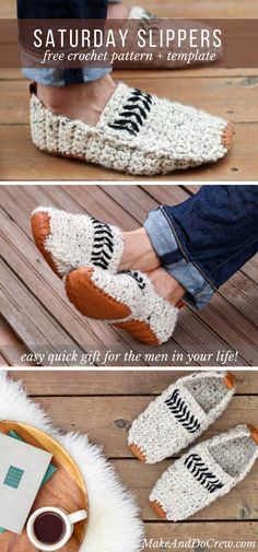 crocheted slippers with text that says, free crochet pattern for men in your life