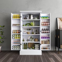 an open refrigerator filled with lots of food and drink bottles next to a potted plant