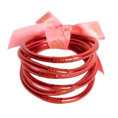 BDG Pink All Weather Bangles® (AWB®)! Our crazy-pretty peony pink bangle bracelets are fabulous as a bold fashion statement a la Schiaparelli or Saint Laurent, or mixed with your set of iconic gold, silver or rose gold All Weather Bangles. These amazing bangles are weightless, soundless, waterproof and TSA proof. Each of the six pink bangle bracelets in the set is meant to represent an intention for your day. Pink All Weather Bangles are made of flexible, polyvinyl carbonate rings that are fille Sweet Grace, Peony Pink, Flower Boutique, Bangles Set, Serenity Prayer, Cactus Flower, Bangle Set, Bold Fashion, Gold Bangles