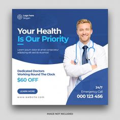 a blue medical flyer with a doctor in the middle and an image of a man wearing a stethoscope