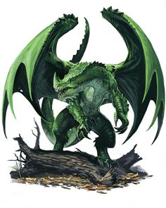 a green dragon sitting on top of a piece of driftwood with its wings spread