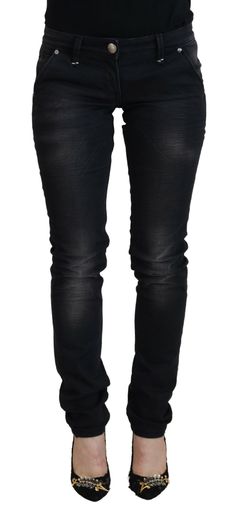 Acht Sleek Black Washed Low Waist Skinny Women's Jeans Luxury Casual Washed Black Jeans, Luxury Fitted Washed Black Jeans, Luxury Washed Black Fitted Jeans, Luxury Fitted Black Jeans, Luxury Black Fitted Jeans, Luxury Black Jeans For Night Out, Luxury Washed Black Jeans, Luxury Black Pants With Zipper Closure, Casual Denim Jeans