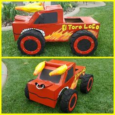 two pictures of an orange toy truck with flames on the front and back wheels, in grass