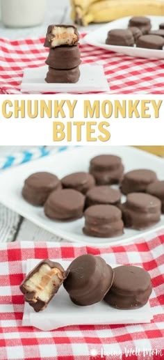 chocolate covered peanut butter bites on a white plate with a red and white checkered tablecloth