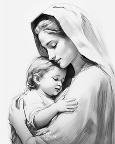 a black and white drawing of a woman holding a child with her arms wrapped around her