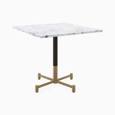 a white marble table with gold legs and a black base, on a white background