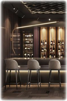 three bar stools sitting in front of a long counter with bottles on the shelves