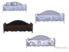 four different styles of toddler beds with white and brown beddings on them