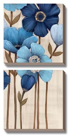 two paintings of blue flowers on a white background