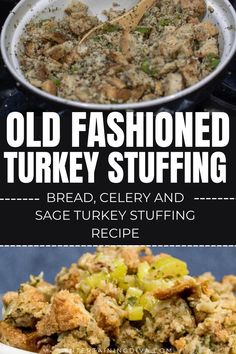 an old fashioned turkey stuffing recipe in a white bowl