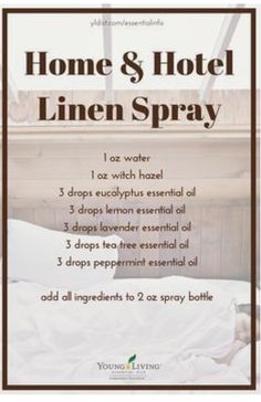 Hotel Linen, Essential Oil Diffuser Blends Recipes, Essential Oil Spray, Essential Oil Blends Recipes, Diffuser Recipes, Essential Oil Diffuser Blends, Oil Diffuser Blends, Cleaning Recipes, Diy Essential Oils