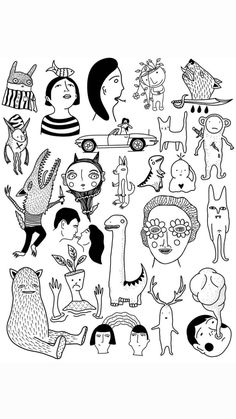 black and white drawing of various cartoon characters