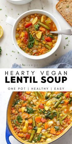 two bowls of hearty vegan lentil soup with bread on the side