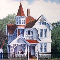 a painting of a white house with a red roof and two people in the doorway