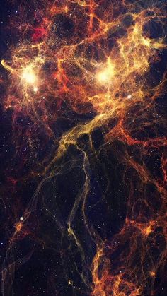 an image of some very bright yellow and red lights in the dark sky with stars