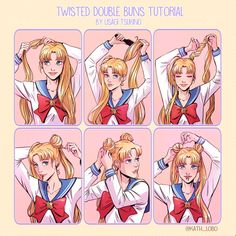 the instructions for how to do a twisted double buns hairstyle in anime style