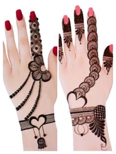 two hands with henna designs on them, one is red and the other is black