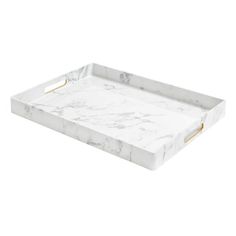 white marble tray with gold handles on the top and bottom, in front of a white background