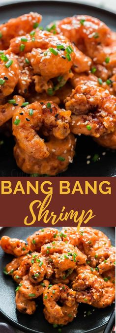 some food that is on top of a plate and in front of the words bang bang shrimp