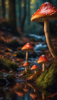 three mushrooms that are sitting on the ground in the woods with water and leaves around them