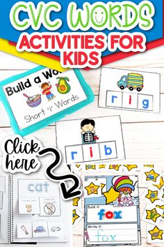 the cvc words activities for kids are shown with pictures and text on top of it