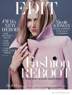 a woman in a pink coat on the cover of a magazine, with her hand over her shoulder