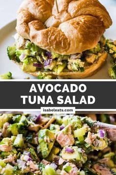 a sandwich and salad on a plate with the words avocado tuna salad above it