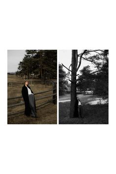 black and white photographs of a woman leaning against a fence in the woods, with trees behind her