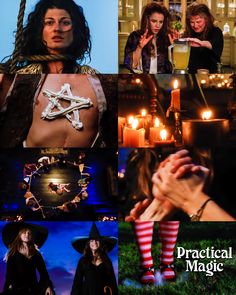 a collage of photos with witches and candles in the background, one woman is holding a candle