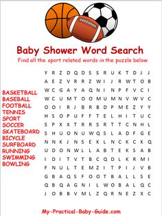 the baby shower word search is shown in red and white with an orange ball on it