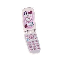 a cell phone with hello kitty on it's display case and keypad attached to the back