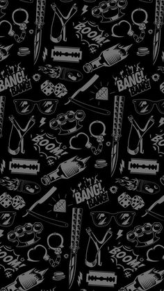 a black and white pattern with various items on it