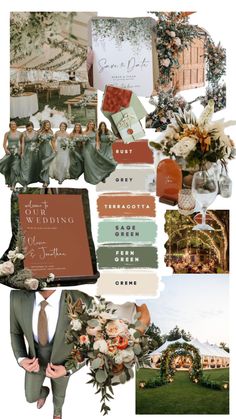 a collage of wedding photos with flowers and greenery in the background, including an orange - green color scheme