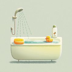 an illustration of a bathtub with soap and rubber ducky toys in it, next to a shower head