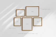 four golden frames hanging on a white wall with the measurements for each frame in front