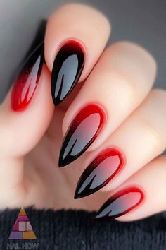 Channel your dark side with these stunning red-to-black ombre nails. 🌒🔴 Perfect for those who love a dramatic, yet refined Halloween nail design. These elegant Halloween nails are perfect for any spooky occasion. Discover more at nailhow.com and save this pin for later! Simple Nail Designs Ombre, Red And Black Spooky Nails, Easy Spooky Nail Art, Fall Nail Designs Ombre, Ombre Halloween Nail Designs, Red Black Halloween Nails, Halloween Vampire Nails, Dark Red Halloween Nails, Halloween Stilleto Nail Designs