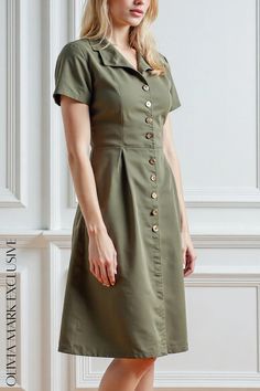 Olivia Mark - Elegant Olive Green Midi Dress with Classic Buttons - A Sophisticated Silhouette Elegant Olive Formal Dress, Formal Fitted Button-up Midi Dress, Elegant Green Dress With Button Closure, Elegant Olive Dress For Formal Occasions, Fitted Button-up Midi Dress For Formal Occasions, Fitted Dresses With Button Closure For Office Wear, Elegant Olive Dress For Spring, Elegant Fitted Olive Dress, Elegant Olive Knee-length Dress