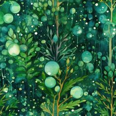 an abstract painting of green plants and bubbles