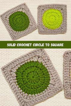 four square crocheted coasters with green and yellow circles