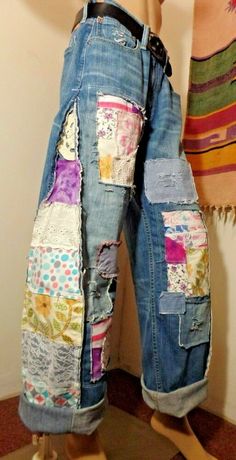 a pair of jeans that have been altered to look like patchwork