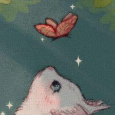 a painting of a white dog with a butterfly on it's head and stars in the background