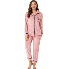 This style of sleeping shirt is convenient to take on/off, which can give you a light and simple dressing experience,keep you nice and comfortable all day. Top: long sleeve sleepwear features button-down with classic notch collar, chest single pocket. Bottom: pants featured elastic waist. The super soft pajamas set for women is classy, comfortable, and durable. Women's pajamas set is casual and classy,even if guest visits suddenly, you won't feel embarrassed, make your home life more convenient. Pink Button-up Sleepwear For Loungewear, Womens Flannel Pajamas, Cute Sleepwear, Soft Pajamas, Flannel Women, Night Suit, Sleepwear Sets, Womens Pyjama Sets, Pajama Set Women