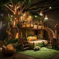 a bedroom with a tree house bed and green carpeted rugs on the floor