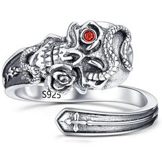 PRICES MAY VARY. ✦Antique Design✦This sterling silver spoon ring is a combination of skull, rose, snake, cross elements, personality wild fashion and exquisite, we decorated one eye with red cubic zirconia, very stunning. With this ring, you will receive many compliments. with this Spoon ring to Show your love and friendships ✦Spoon Ring Size✦ Open Ring is adjustable from size 9#10#11#, Comfortable and suitable for most people，Get more love and courage with Emotion Feeling Adjustable Ring ✦Jewel Black Skull Ring, Sterling Silver Spoon Ring, Skull Rings, Silver Spoon Ring, Sterling Silver Spoons, Gothic Skull, Spoon Ring, Silver Spoon, Spoon Rings