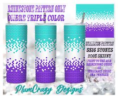 three purple and blue tumblers with the words plum crazy designs on them, in front of