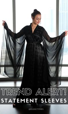 Black Silk Robe long wide sleeve Long Flowy Robe, Elegant Sheer Robe For Party, Elegant Flowy Wrap Kimono, Elegant Sheer Party Kimono, Black Long Kimono For Party, Long Black Party Kimono, Fitted Long Black Kimono, Black Kimono With Kimono Sleeves For Party, Elegant Fitted Kimono For Evening