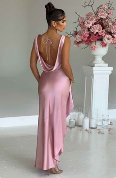 Marilyn Maxi Dress - Blush Pre-draped Evening Dress With Cowl Back For Party, Pre-draped Satin Evening Dress For Night Out, Chic Modal Satin Dress For Prom, Satin Maxi Dress With Low Back For Gala, Satin Party Dress With Cowl Back, Pre-draped Backless Evening Dress For Party, Party Satin Dress With Cowl Back, Satin Dress With Cowl Back For Party, Floor-length Bias Cut Satin Dress For Night Out